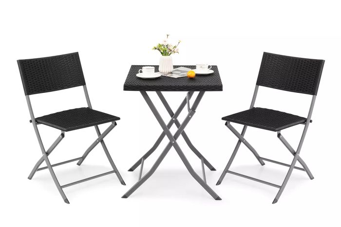 Costway 3PCS Folding Patio Rattan Bistro Set with Chairs, Backrests, and Table for Garden or Deck, Black