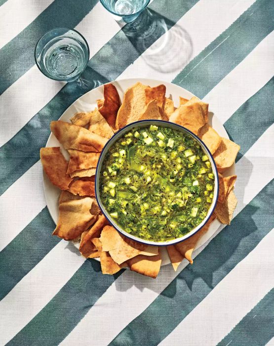 Kiwi-Cucumber Relish Served in a Bowl with Pita Chips for Dipping