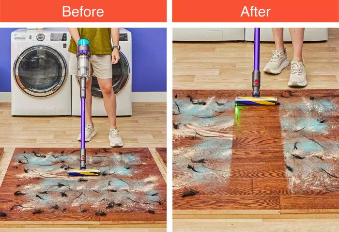 A person demonstrating the effect of using the Dyson Gen5detect on a wooden platform floor, showing the before and after results.