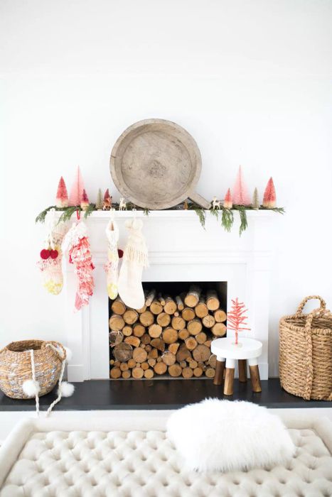 Holiday Mantel Decor Ideas: Pink Bottlebrush Trees