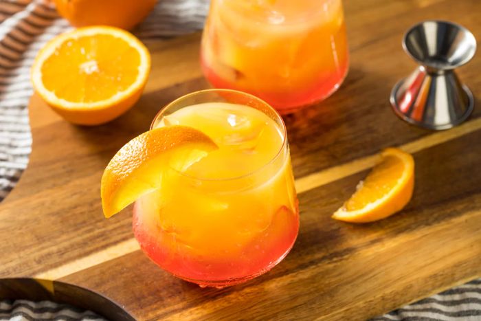 This Tequila Sunrise cocktail is the perfect balance of refreshing and boozy, with a splash of grenadine. A splash of tequila joins the orange juice and grenadine, resulting in a drink that’s as vibrant as a sunrise. It’s garnished with an orange slice and a maraschino cherry, making it a lovely choice at any time of day.