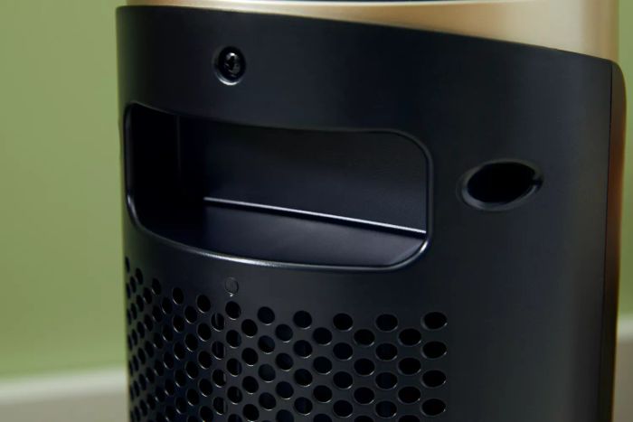 A detailed view of the back and handle of the Dreo Solaris Slim H3 Space Heater