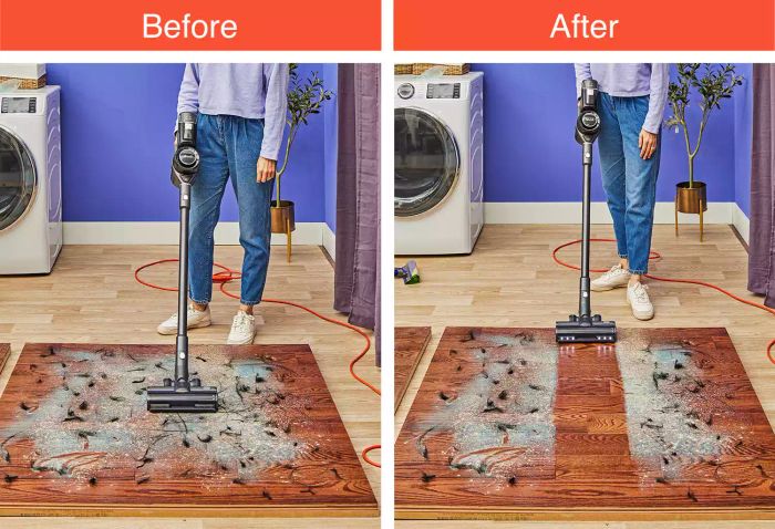 A person showing the difference before and after using the Levoit VortexIQ 40 Cordless Stick Vacuum to clean a wooden platform floor.