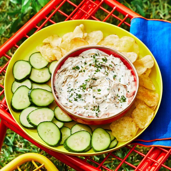 Caramelized shallot dip pairs perfectly with potato chips and sliced cucumber.