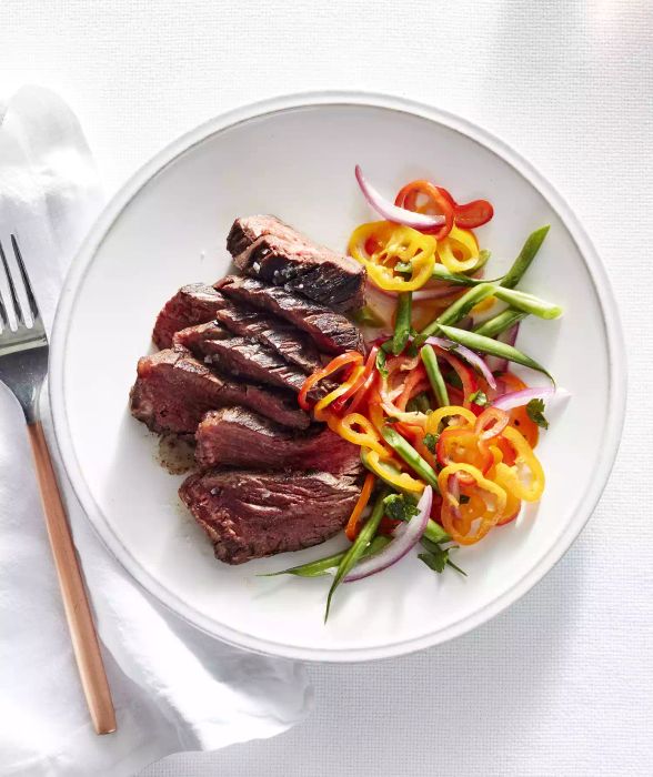 Grilled Hanger Steak With Green Bean and Sweet Pepper Slaw