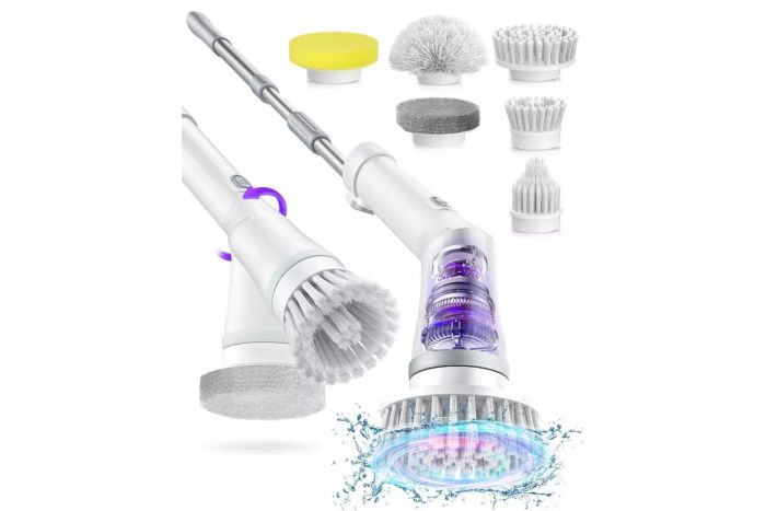 Cordless Electric Spin Scrubber, IPX7 Waterproof Cleaning Brush with 6 Replaceable Brush Heads, 2-Hour Battery Life, Dual Speed Settings, and an Extension Handle for Bathrooms, Tubs, Tiles, Floors, and Cars.