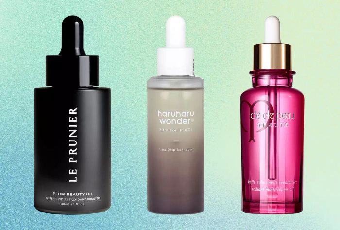 A collection of anti-aging facial oils displayed on a green gradient backdrop, featuring products like Le Purnier Plum Beauty Oil and Haruharu Black Rice Facial Oil