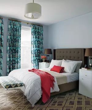 Feng Shui bedroom with brown, red, and blue colors