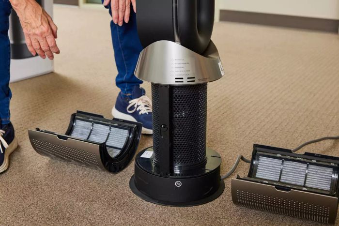 Components of the Dyson Purifier Hot+Cool HP07 placed on a carpet