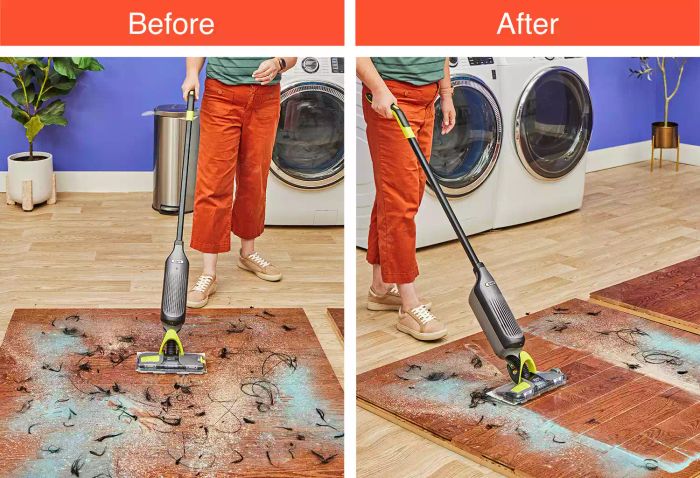 A floor before and after cleaning with the Shark VM252 Vacmop Pro Cordless Wet/Dry Stick Vacuum