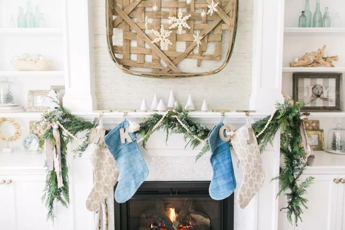 Holiday Mantel with Blue Christmas Stockings