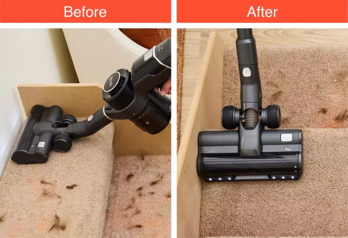 The Levoit VortexIQ 40 Cordless Stick Vacuum demonstrating the before and after results of cleaning debris from a step.