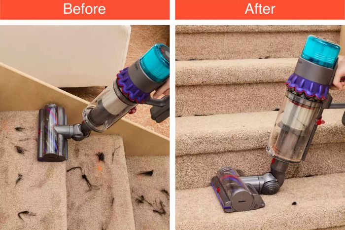Steps before and after being cleaned with the Dyson Gen5detect Cordless HEPA Vacuum, showing the dramatic transformation.