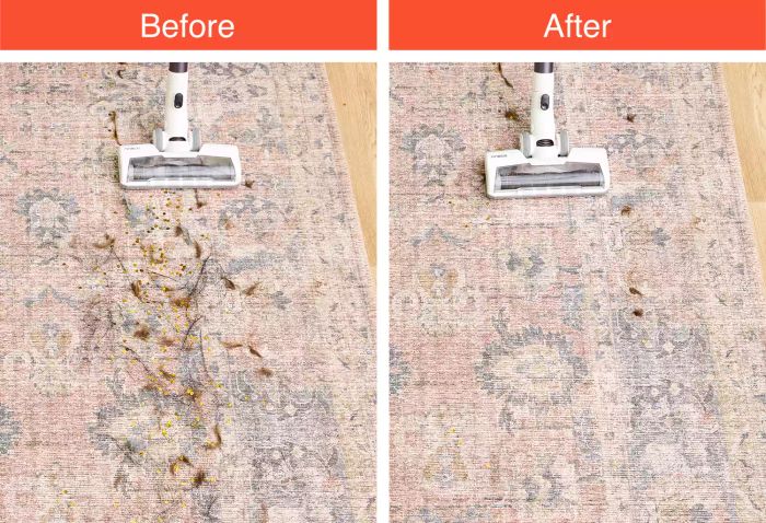 The Tineco Pure One S11 Vacuum in action before and after cleaning a messy rug.