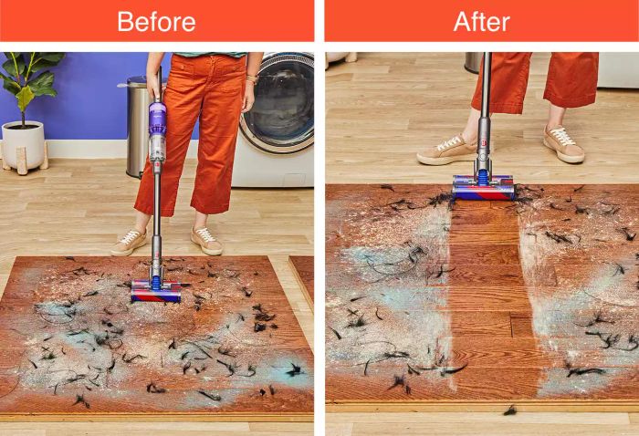 A floor before and after being cleaned with the Dyson Omni-Glide Cordless Vacuum.