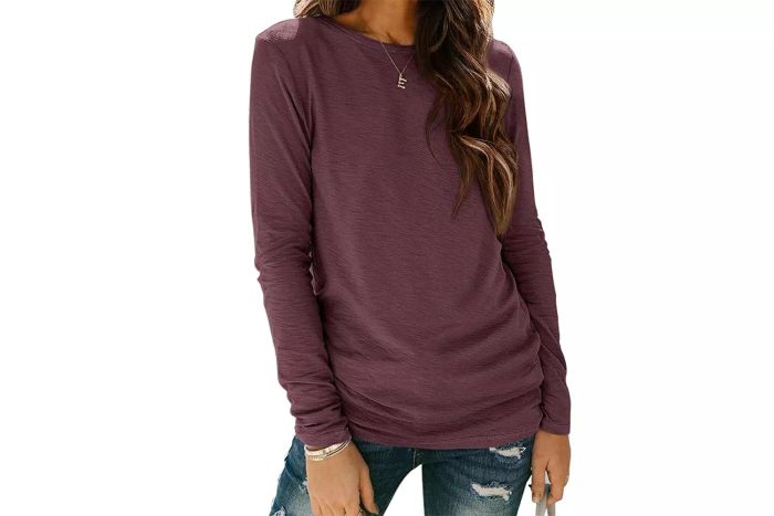 The Amazon ATHMILE Women's Long Sleeve Round Neck Shirts provide a comfortable fit and versatile design, suitable for everyday wear or layering.