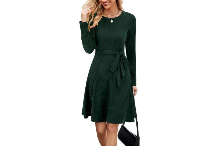 Newshows Women's 2024 Fall Sweater Dress Long Sleeve Casual Outfits A-Line Ribbed Knit Belt Skater Dress Trendy with Pockets