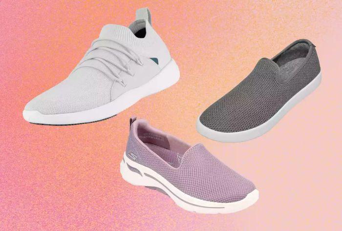 A vibrant collage showcasing slip-on sneakers from Vessi, Albirds Tree, and Skechers, all highly recommended on a colorful backdrop