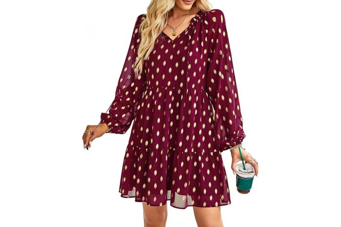 KIRUNDO Women's 2024 Fall Long Sleeve Gold Polka Dot Babydoll Dress with a Casual V-Neck and Flowy Tiered Mini Silhouette