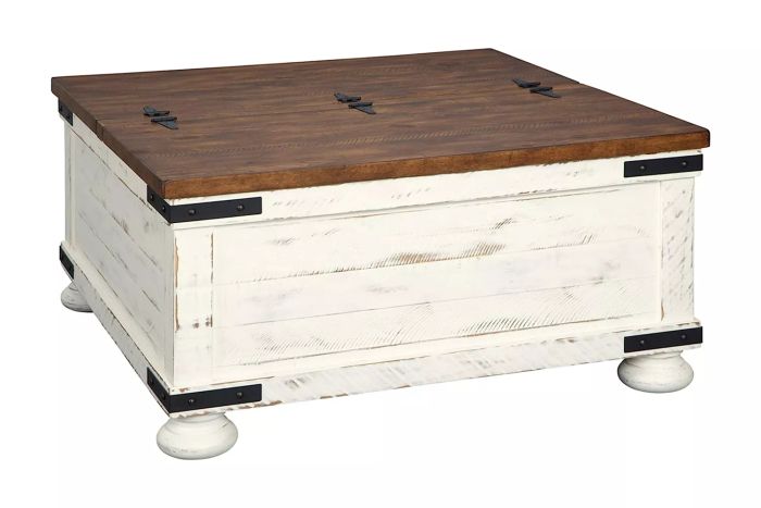 Signature Design by Ashley Wystfield Farmhouse Square Storage Coffee Table with Hinged Lift Top, Distressed White