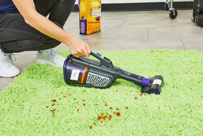 A person is using the Black+Decker Furbuster Handheld Vacuum for Pets to clean pet food from a green carpet.