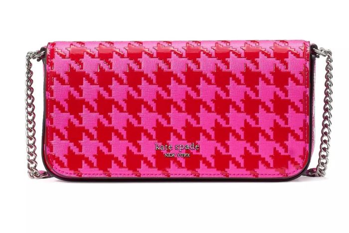 kate spade new york Devin Houndstooth Embossed Saffiano Leather Flap Chain Wallet, Pink Multi