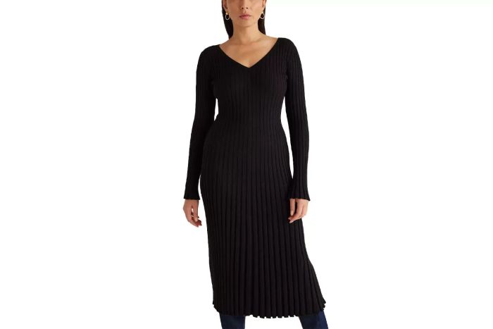 Cotton Cashmere Ribbed Long Sleeve V-Neck Midi Dress