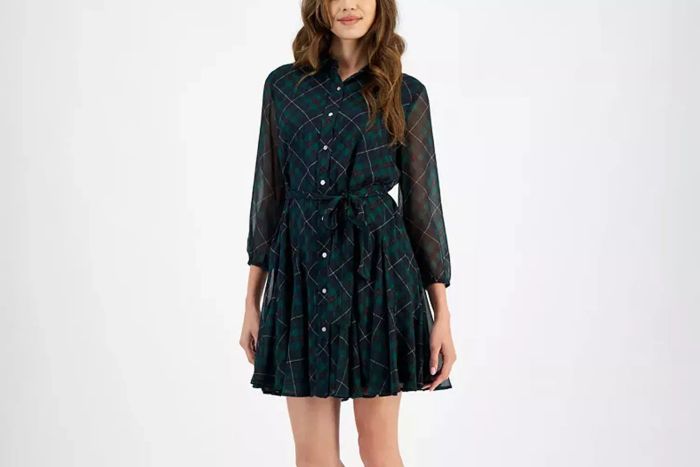 Tommy Hilfiger Women's Argyle-Print Sheer-Sleeve Dress