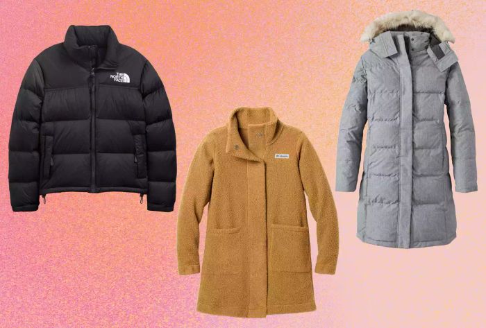 A visual showcase featuring three winter coats we recommend, set against a soft pink gradient backdrop.
