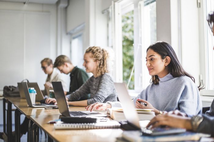 Students, both male and female, working on laptops in a classroom setting