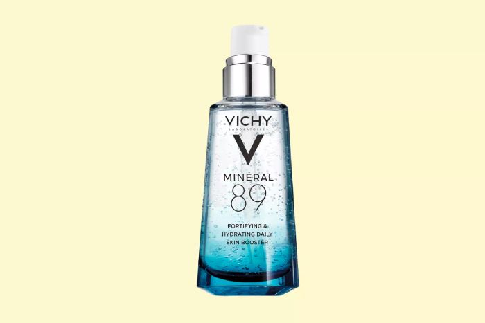 Vichy Mineral 89 Hyaluronic Acid Serum displayed on a vibrant yellow background