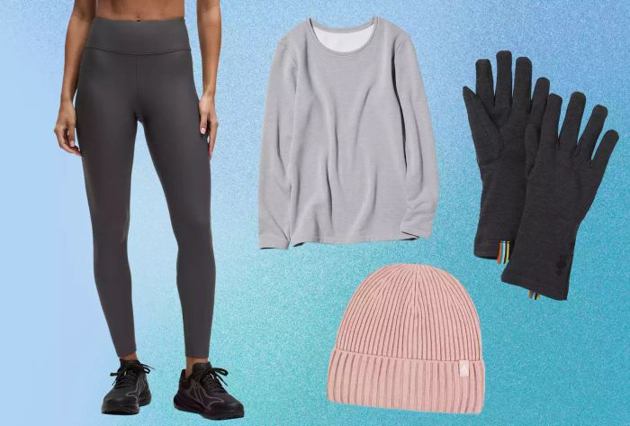 A selection of thermal leggings, cozy sweaters, gloves, and hats set against a soothing blue gradient background—our top recommendations.