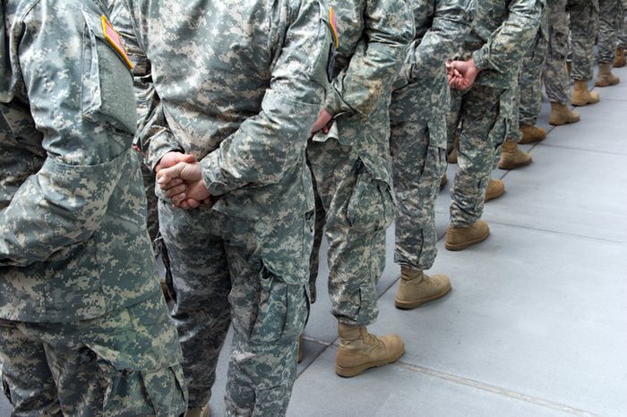 Soldiers marching in formation during the annual New York City Veterans Day Parade