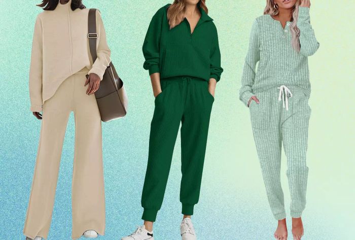 People wearing the Fantaslook lounge set, Pink Queen Knitted Outfit, and MOSHU Two-Piece Women's Pajama Set against a calming green gradient background