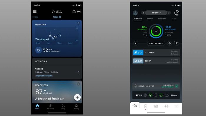 Here’s a side-by-side look at the Oura app (on the left) and the Whoop app (on the right).