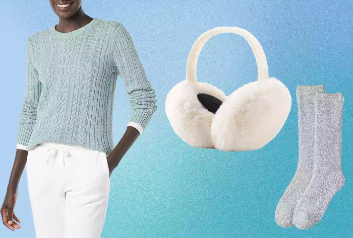A collage featuring some of my favorite winter fashion picks—such as a cozy sweater, earmuffs, and warm socks.