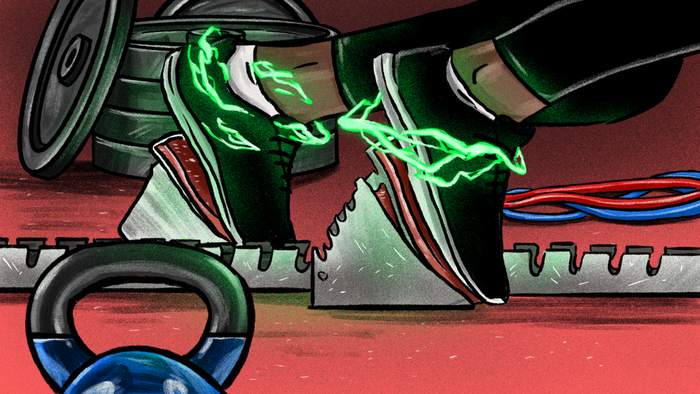 A runner's feet positioned beside weights