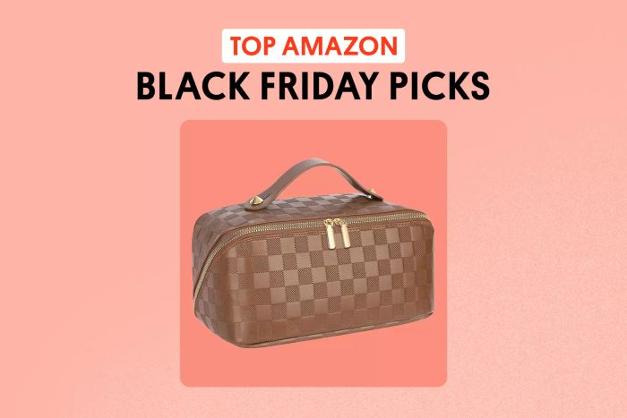 A collage featuring the Alextina Large Travel Cosmetic Bag with the text 'Top Amazon Black Friday Deals' on a vibrant background