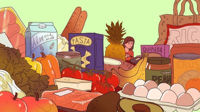 woman eating, surrounded by groceries