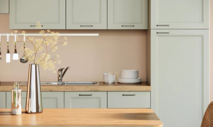 Modern Japandi-inspired kitchen and dining space, featuring a close-up of a wooden table, contemporary apartment design ideas, 3D rendering.