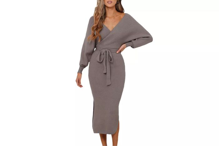 Viottiset Women's V Neck Long Batwing Sleeve Wrap Midi Knit Sweater Dress