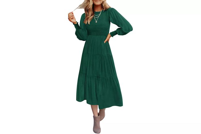 ZESICA Casual Long Sleeve Crew Neck High Waist Smocked Flowy Tiered Midi Dress