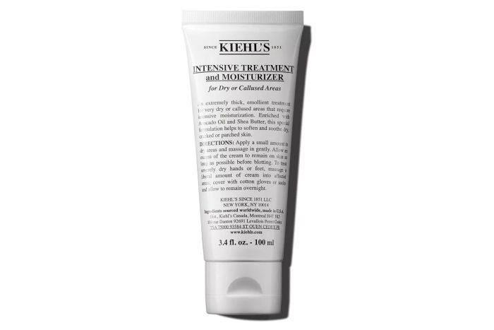 Kiehl's Intensive Treatment and Moisturizer is a rich emollient cream designed for dry or calloused hands and feet. Infused with avocado oil and shea butter, it softens and smooths the skin. This product is free of parabens and fragrance and comes in a 3.4 fl oz size.