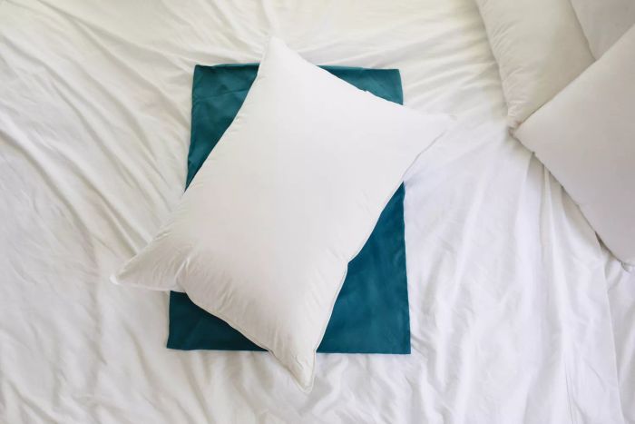 Kassatex European White Goose Down Pillow placed on a blue pillowcase with white sheets.