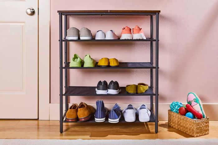 Vasagle 5-Tier Shoe Rack placed on a wooden floor with shoes neatly arranged