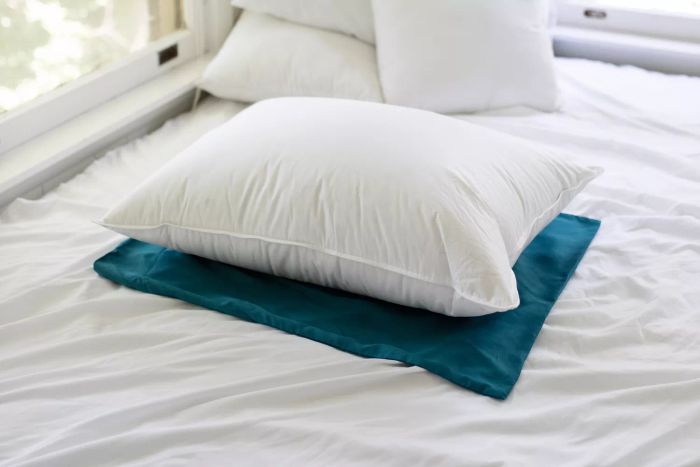 Kassatex European White Goose Down Pillow resting on a blue pillowcase with white sheets in the background.