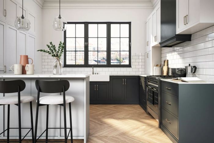 Sleek black and white wooden floors in the kitchen