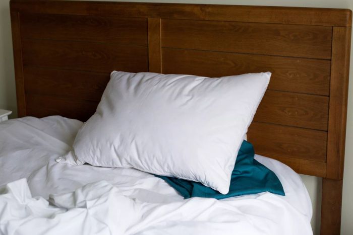 The Boll & Branch Down Chamber Pillow resting on a blue pillowcase on top of a bed.