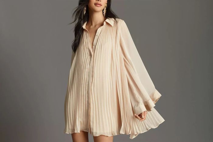 Anthropologie’s pleated dress design adds texture and elegance to any wardrobe, making it a standout piece.