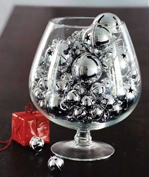 Christmas decoration ideas - A Brandy snifter filled with shimmering silver bells